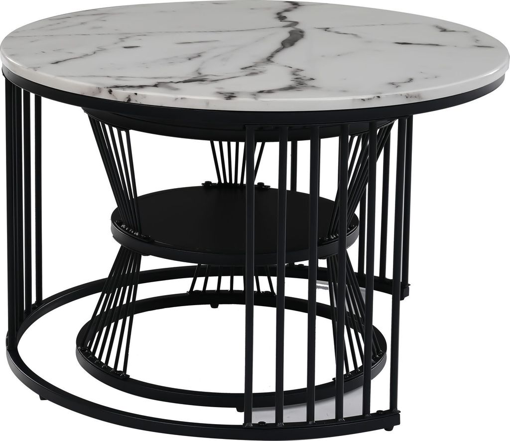 Nesting-Couchtisch 2er-Set Moderner schwarzer Rahmen Couchtisch-Set Hochglanz-Tischplatte marmoriert Sofa-Beistelltisch runder Nesting-Couchtisch