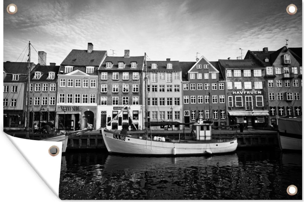 MuchoWow 120x80 cm Outdoor-Poster Gartendeko Sichtschutz Garten Poster für den Garten Nyhavn in Kopenhagen in Schwarz und Weiß
