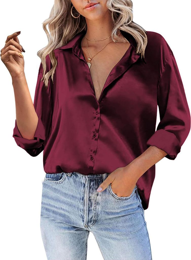 ASKSA Damen Satin Bluse V-Ausschnitt Hemde Elegant Knoepfen Oberteile Casual Einfarbig Tunika Langarmshirt (Weinrot,S)