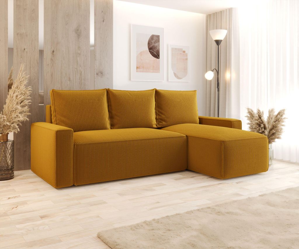 BEDANTE ECKSOFA mit Schlaffunktion SAVIO Poso 01 Orange Rechts L-Form Sofa mit Stauraum Bettkasten Wohnzimmersofa Couch Sofa Bettsofa Bettkasten Be...