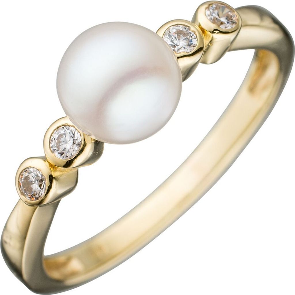 Ring Damenring Goldring mit weißer Perle & Zirkonia 333 Gold Gelbgold Perlenring Innenumfang 54mm Ø17.2mm