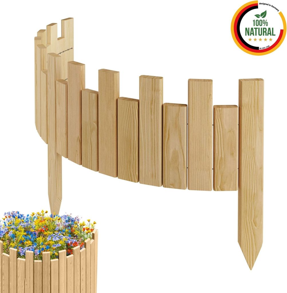 Floranica Beeteinfassung Rasenkante Holz Rollzaun Holzzaun 100 x 20 cm Natur imprägniert Flexible Rollborder Palisade Gartenzaun