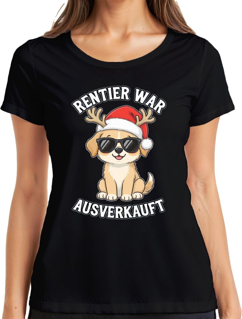 Rentier war t Hund Sonnenbrille Weihnachten Lustig Damen T-Shirt, Schwarz, XXL