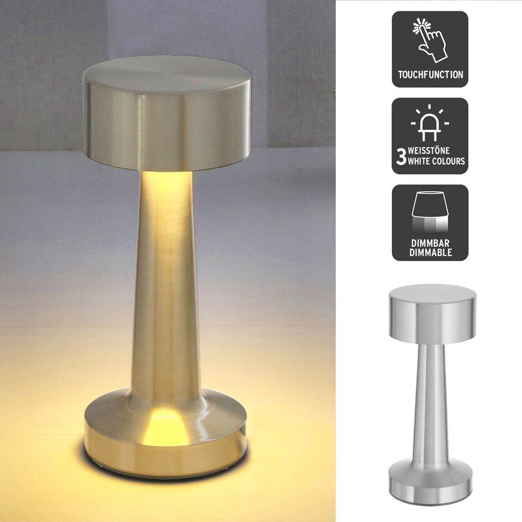 Metall Akku Tischleuchte Silber mit Touchfunktion 3 Weisstöne USB Nachttischlampe Aufladbar Helligkeit regulierbar Schreibtischlampe Dimmbar