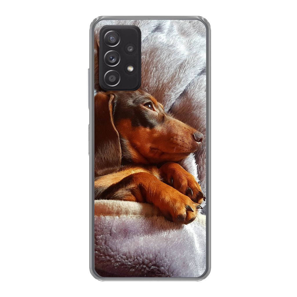 MuchoWow Handyhülle Schutzhülle Hülle für Samsung Galaxy A53 5G Niedlicher Dackel liegt unter der Bettdecke Silikon Softcase Handy Hülle - S...