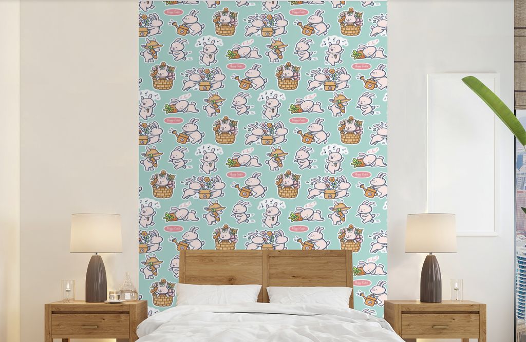 MuchoWow Fototapete für Wohnzimmer oder Schlafzimmer Wandtapete Vinyl Motivtapete Kaninchen - Garten - Muster - 190x300 cm - Kinderzimmer