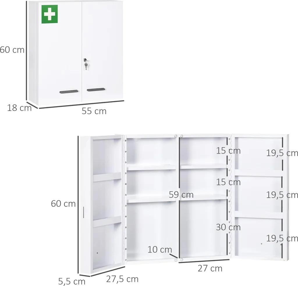 Armoire médicale à 3 niveaux avec serrure de sécurité - 55 cm de large - 3