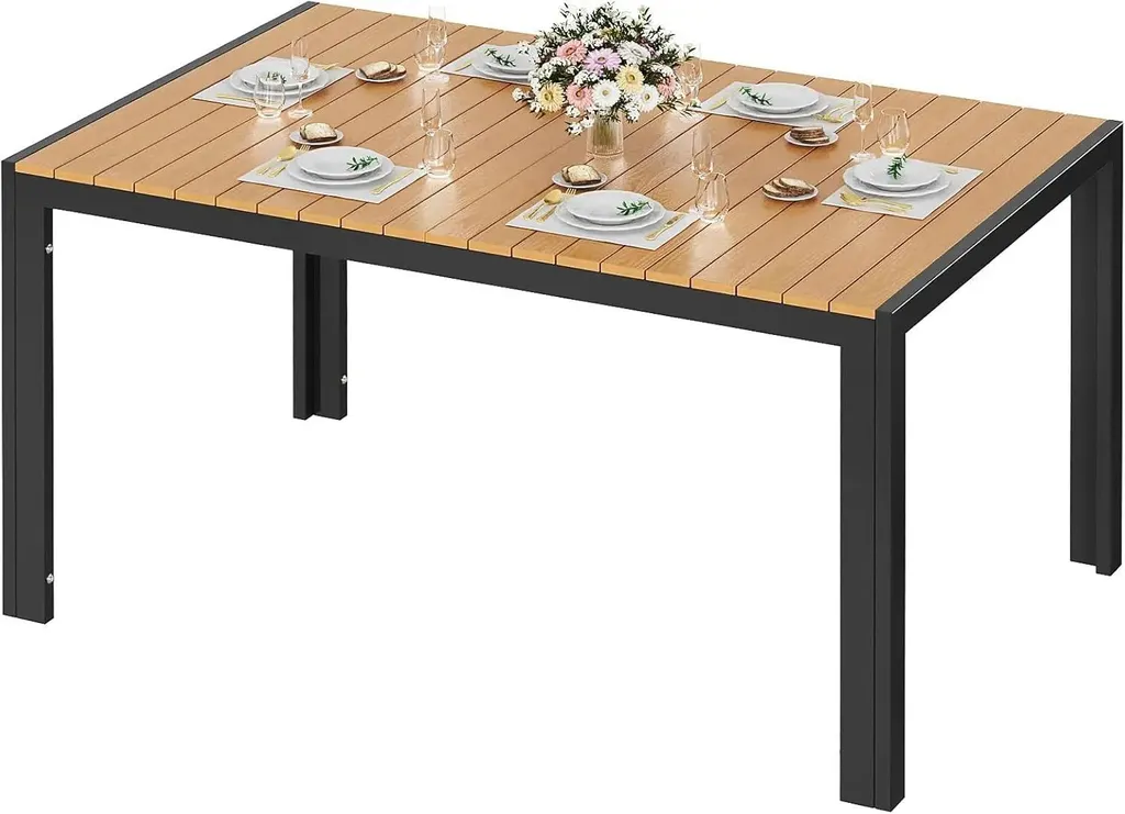 Table à manger d'extérieur rectangulaire en bois composite et alu