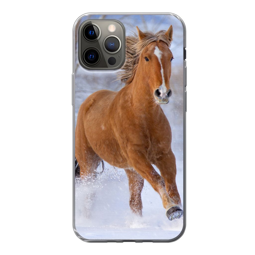 MuchoWow Handyhülle Schutzhülle Hülle für iPhone 12 Pro Pferd - Schnee - Braun Silikon Softcase Handy Hülle - Abdeckung
