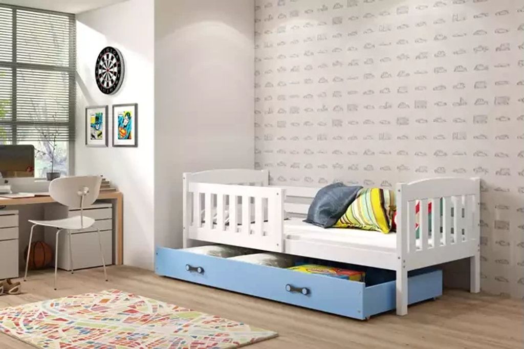 Kinderbett mit Stauraum mit Matratze 80x190 BRIGID – Weiß / Blau