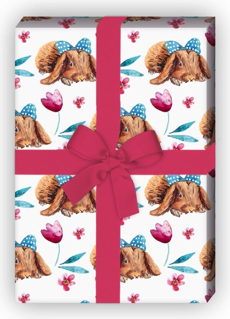 Niedliches Oster Geschenkpapier mit Osterhasen mit Schleife, Blumen, weiß - G8079, 32 x 48cm