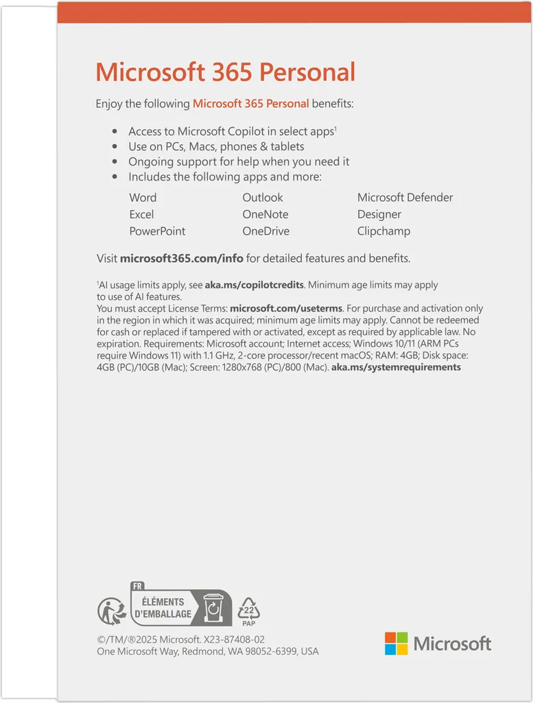 Microsoft 365 Personal FY25H2 Mac Win 1 an Allemand Version Individuelle - 2