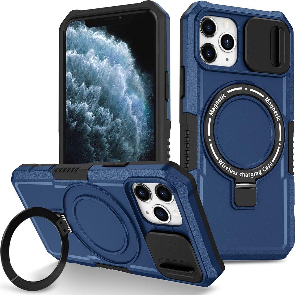 Handyhülle für iPhone 11 Pro Max Kompatibel mit MagSafe, Robuste Hülle mit Schiebe Kamera Schutz, Magnetischer Ringständer Blau