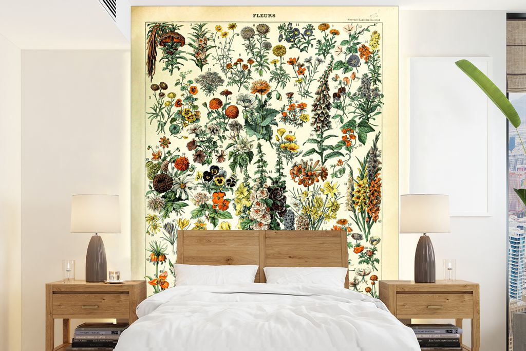 MuchoWow Fototapete für Wohnzimmer oder Schlafzimmer Wandtapete Vinyl Motivtapete Blumen - Pflanzen - Vintage - Adolphe Millot - Kunst - 175x240...