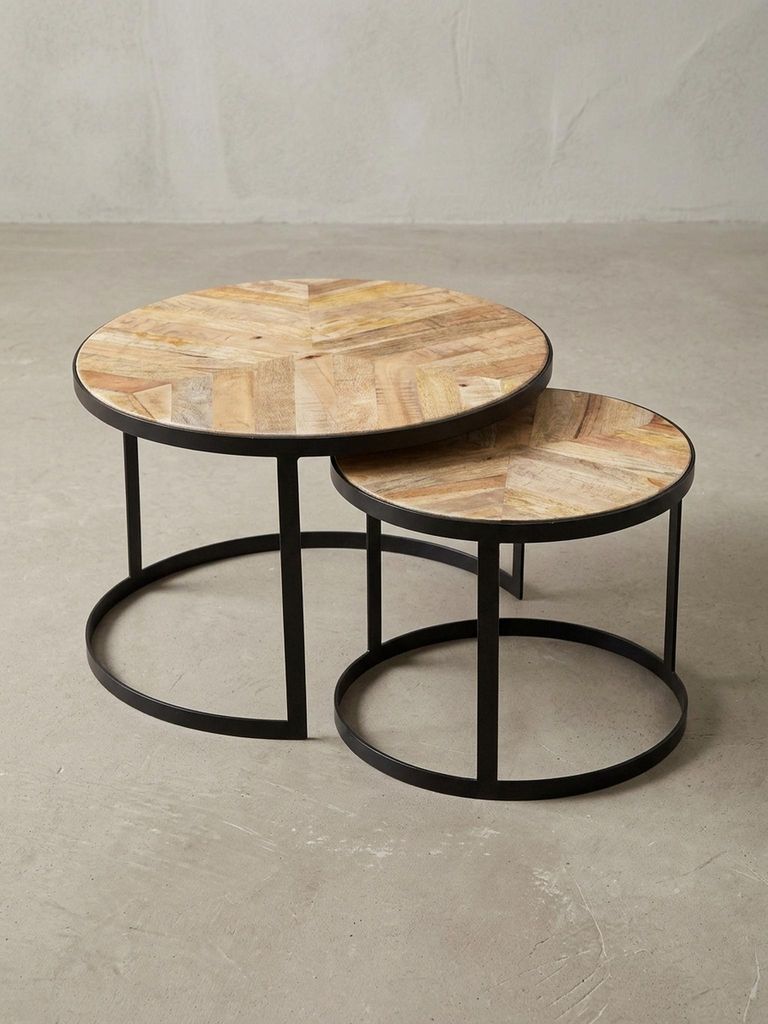Couchtisch-Set "Esino": Industrie-Stil, massives Holz und Metall, platzsparend, handgefertigt. Beige, 60x60x40 cm | Kadima Design