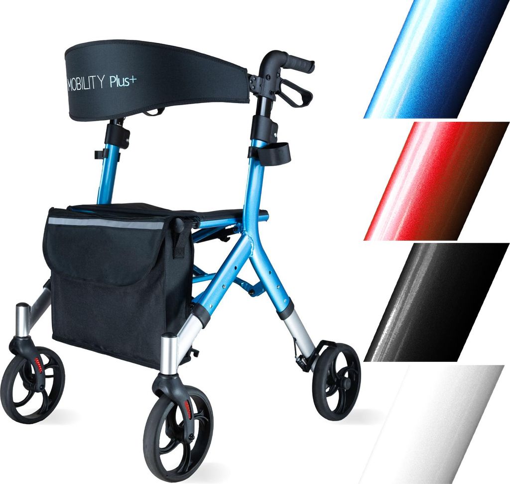 DR10+ Design-Rollator - Indoor und Outdoor Rollator - Gehwagen in trendigem Design - klappbar, Höhe einstellbar und inkl. Tasche - Blau