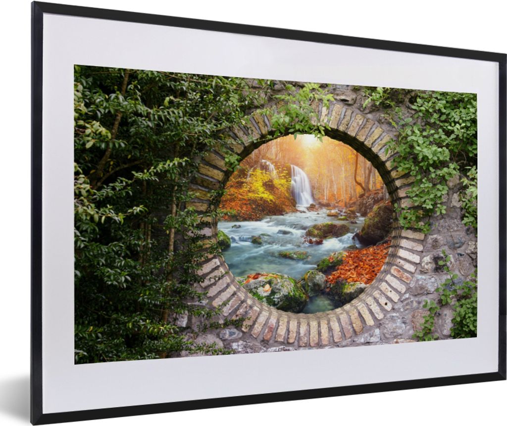 MuchoWow Gerahmtes Poster Herbst - Wasserfall - Natur - Aussicht 60x40 cm - Poster mit Schwarzem Bilderrahmen Wandposter Rahmen Foto Bilder - Sch...