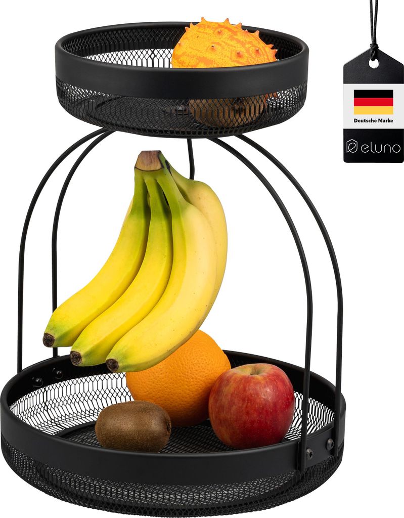 eluno 2-stöckige Obstetagere mit Bananenhalter, Brotkorb, Obstkorb aus schwarzem Metall