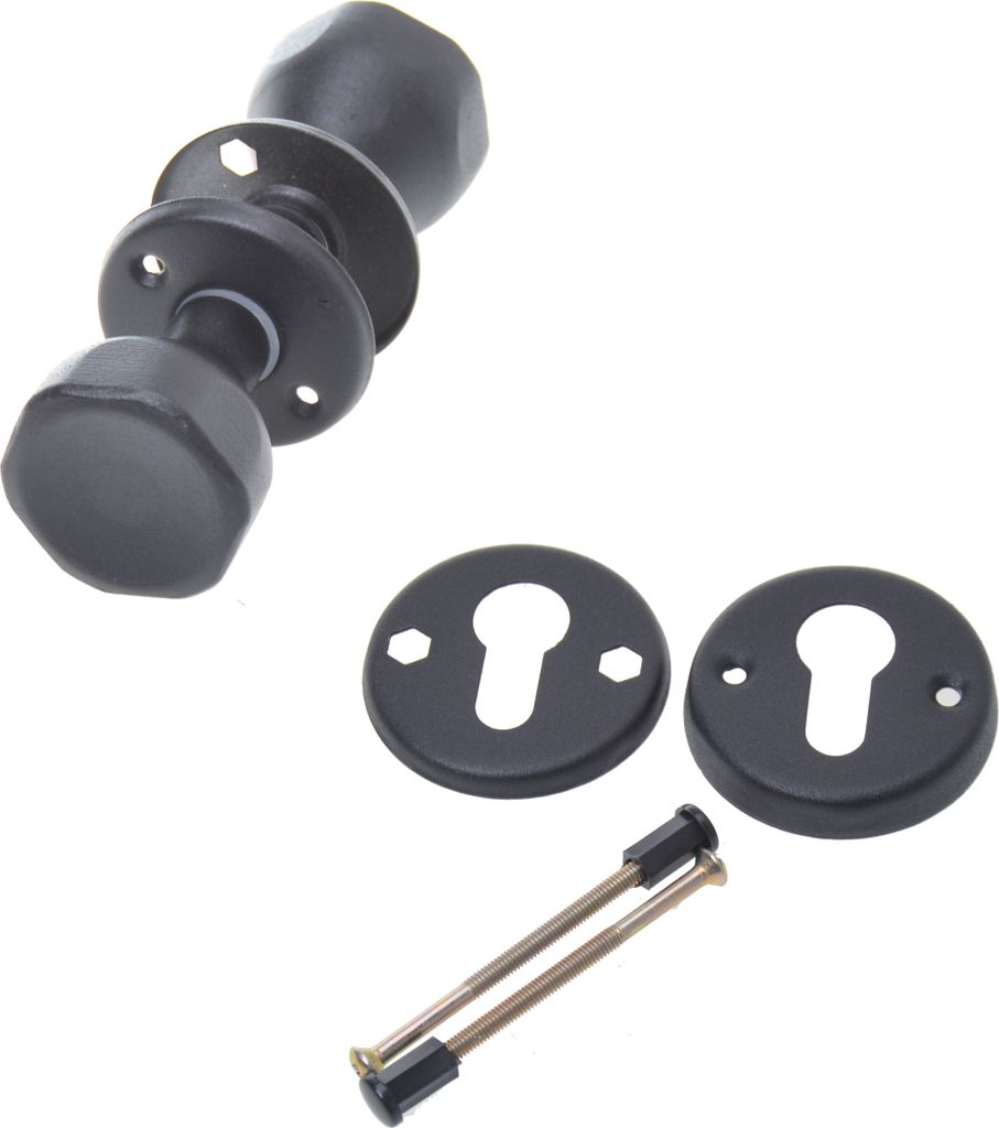 A set of black door knobs and related hardware, including two keyhole escutcheons and two connecting screws, are displayed against a white background.