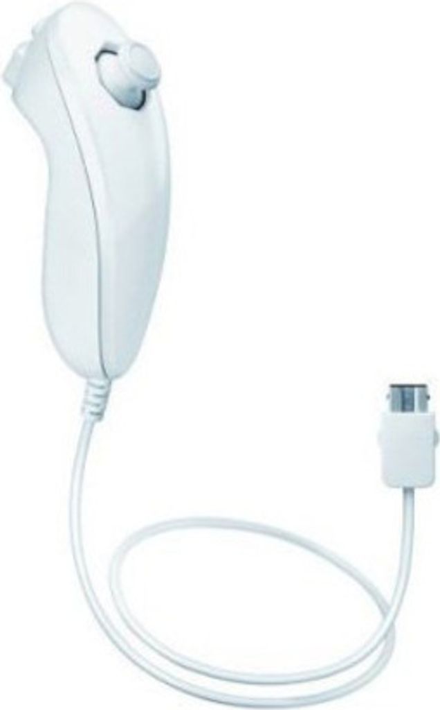 A white Nintendo Wii Nunchuk controller is shown against a white background.