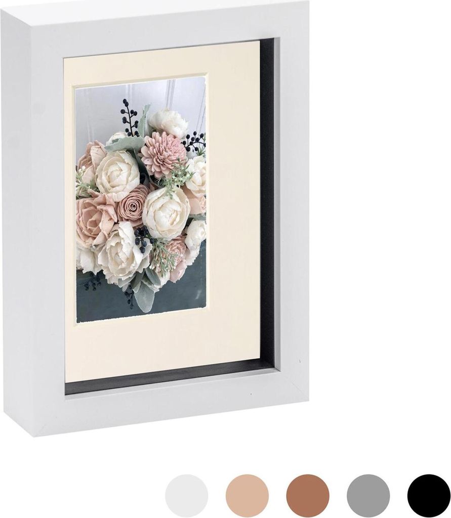 Nicola Spring 8 x 10 3D-Schatten-Kasten-Foto-Rahmen - Pop-up-Anzeige Bilderrahmen mit 4 x 6 Montage - Glas Aperture - Weiß / Elfenbein