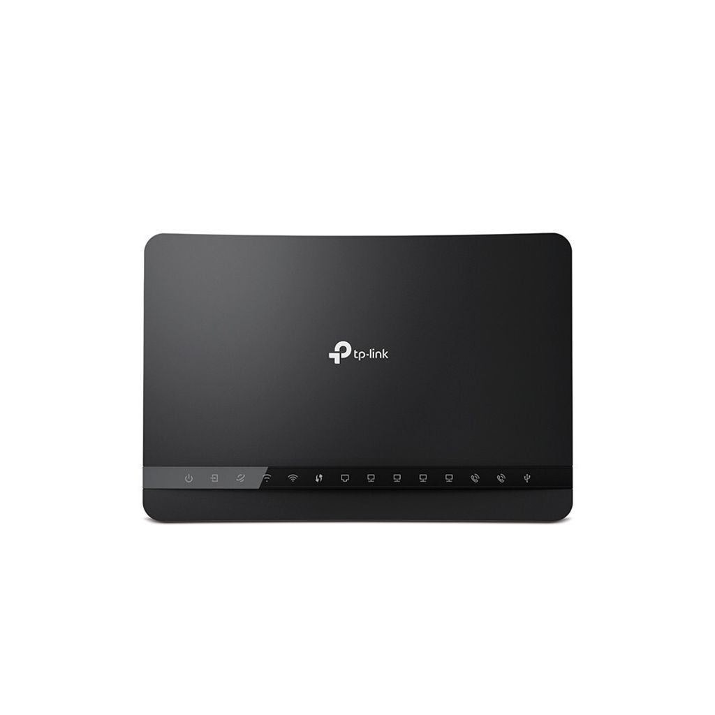 A black TP-Link router is shown against a white background.