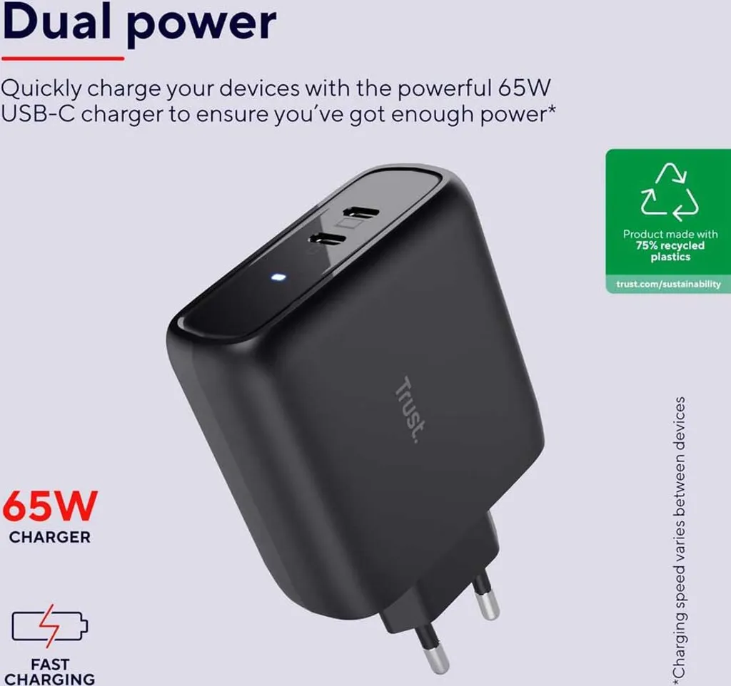 Chargeur Rapide Trust Maxo 65W PD 3.0 Noir - Double Sortie USB-C Compacte - 8