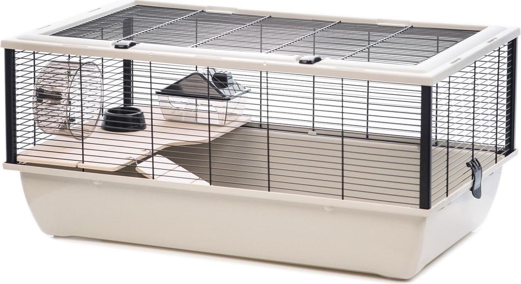 A hamster cage with accessories on a white background.