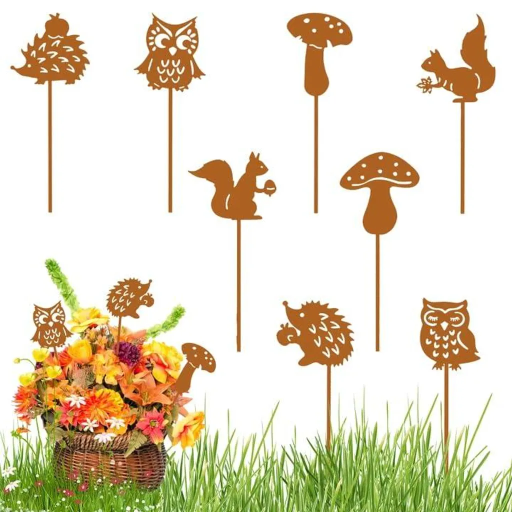 Décoration de jardin en métal rouillé Lot de 8 figurines 25 cm forêt