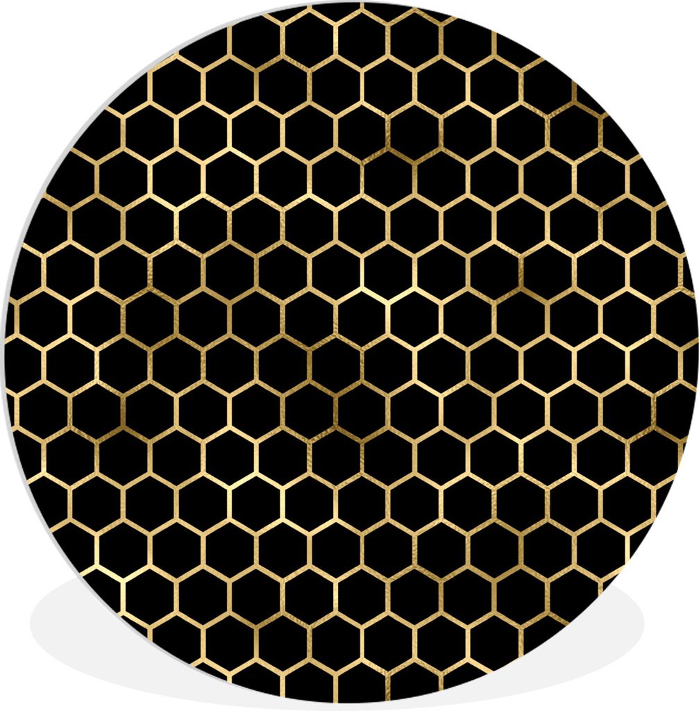MuchoWow Rundes Wandbild - Runde Bilder Muster - Sechseck - Gold - Schwarz Ø 60 cm Kreis Wanddekoration Kunststoff - Wandkreis - Wandschmuck - W...