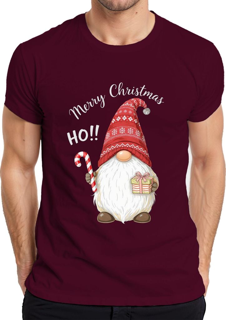 Merry Christmas HO!! Weihnachten Wichtel Gnom Zuckerstange Mütze Herren T-Shirt, Burgundy, L