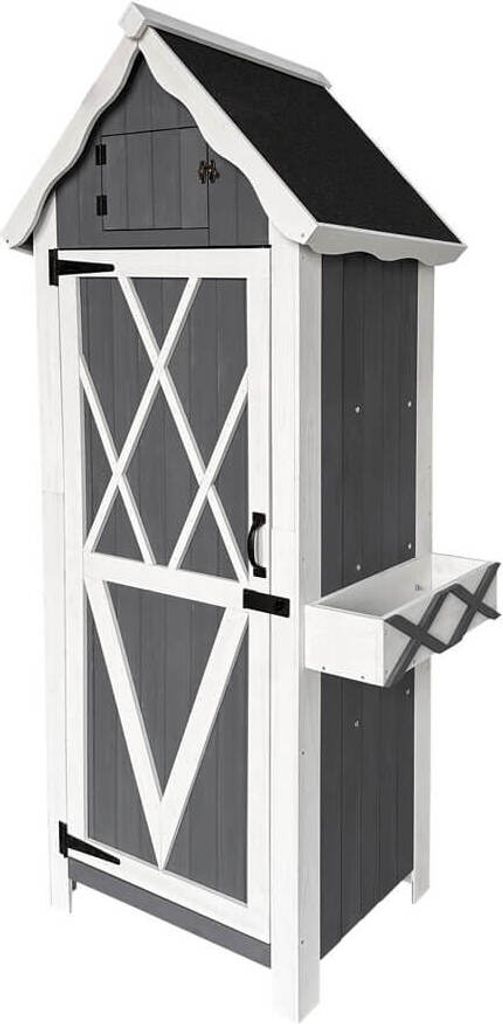 A tall, narrow garden storage cabinet with a pitched roof, a door with decorative white cross-hatching, and a small shelf on the side.
