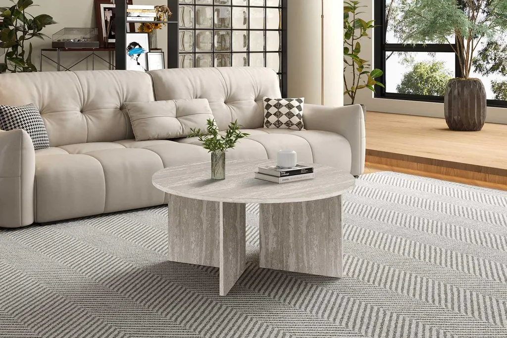 Table basse Drasir en travertin gris massif 90cm, design minimaliste - 4