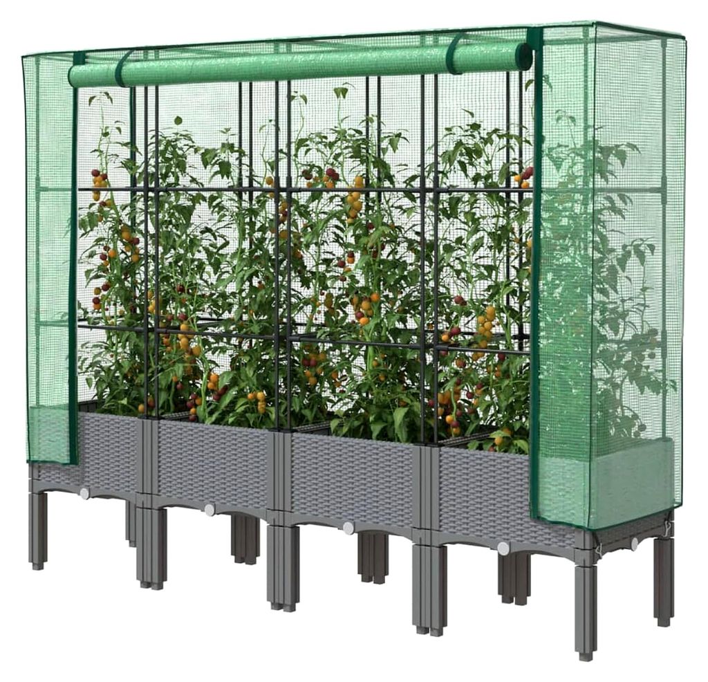 Hochbeet mit Gewächshaus-Aufsatz Pflanzkasten für Gemüse und Blumen im Garten, auf der Terrasse oder dem Balkon, Rattan-Optik 160x40x140 cm Hell...