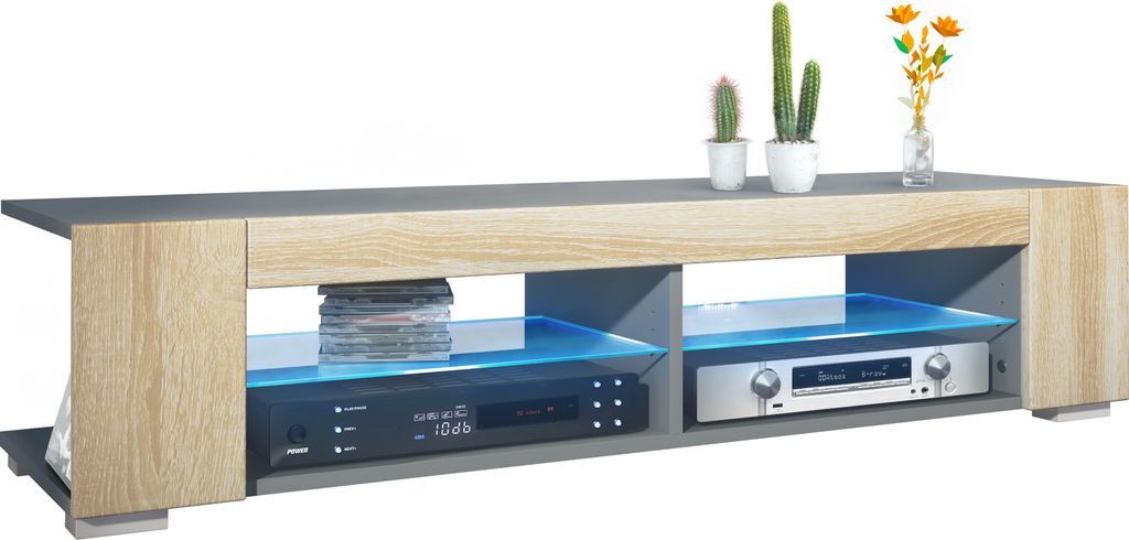 Vladon Lowboard Movie, TV-Kommode mit 4 offenen Fächern und Zierleisten, Anthrazit matt/Eiche sägerau inkl. LED Beleuchtung (134,5 x 30,5 x 38,5 cm)