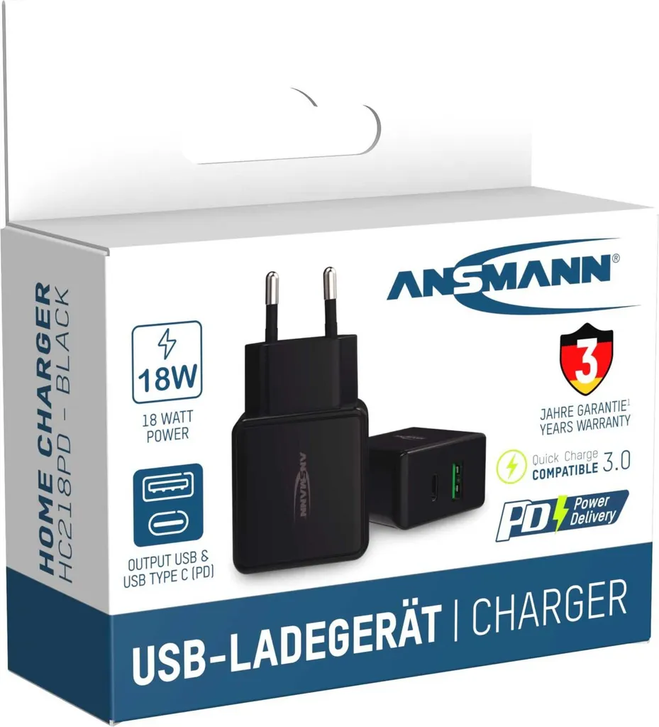 Chargeur Mural Rapide USB-C Ansmann HC218PD pour Smartphone et Tablette