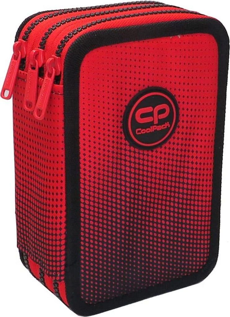 A red and black pencil case with a gradient pattern and a logo.