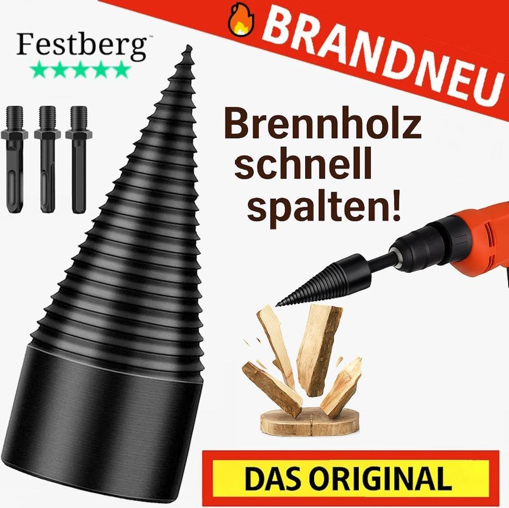 Festberg Bohrer - Das Original - Holzspalter Brennholzspalter Kegelbohrer Kegelspalter Set
