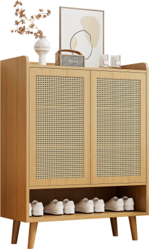 Schliessfach 80 x 105 x 35 cm Oak Spanplatte + Massivholzaus Rattan Schuhkommode Beistellschrank Schuhschrank aus natuerlichem Rattan Schuhregal