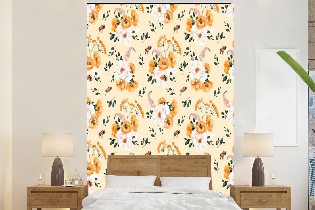 MuchoWow Fototapete für Wohnzimmer oder Schlafzimmer Wandtapete Vinyl Motivtapete Blumen - Pastell - Orange - 180x280 cm - Wallpaper