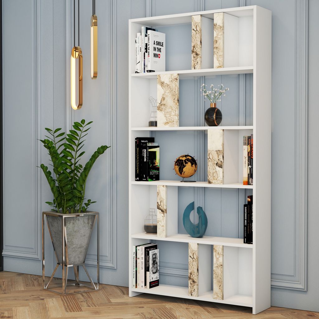 Skye Decor, Lima - White Marble, Bücherregal, Weiß, 100 % MELAMINBESCHICHTETE SPANPLATTEN, 90 x 20 x 180 cm