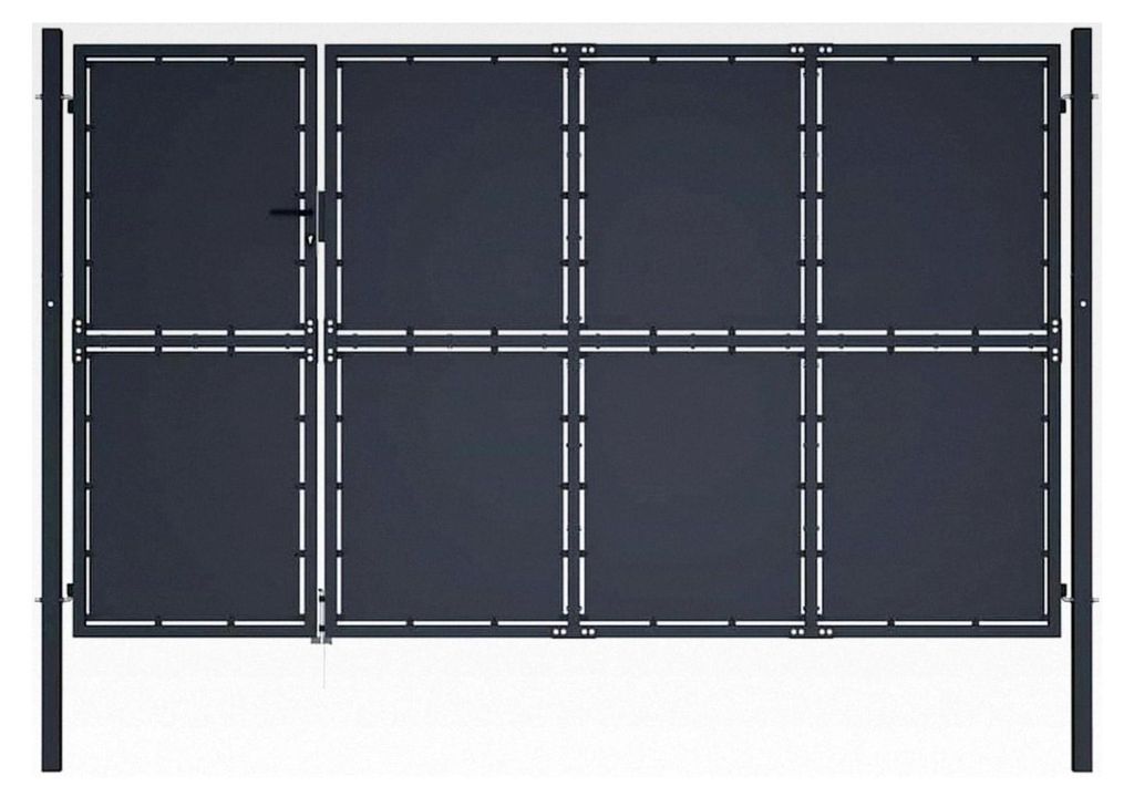 Gartentor aus Stahl 350x150 cm Anthrazit, Doppel-Flügeltor mit Schloss, Griff und Erdungsstift, robustes Zauntor für Garten und Terrasse