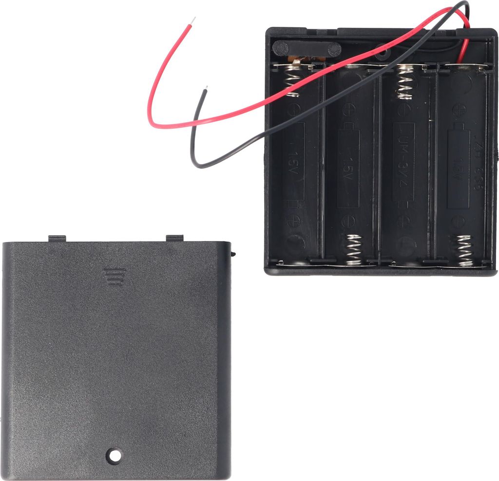AccuCell Batteriehalter für 4 Stück Mignon AA HR-3, LR6 Batterien oder Akkus mit Deckel und Kabel