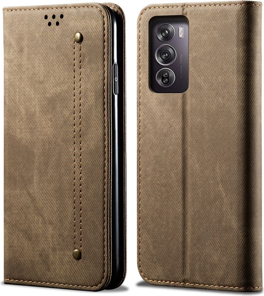 Hülle für Oppo Reno12 5G Leder Brieftasche Flip Bookstyle Schutzhülle mit Standfunktion Khaki