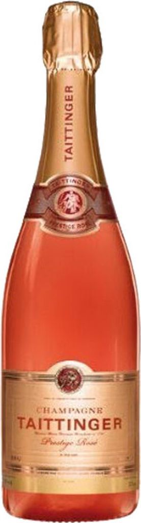 A bottle of Taittinger Prestige Rose champagne against a white background.