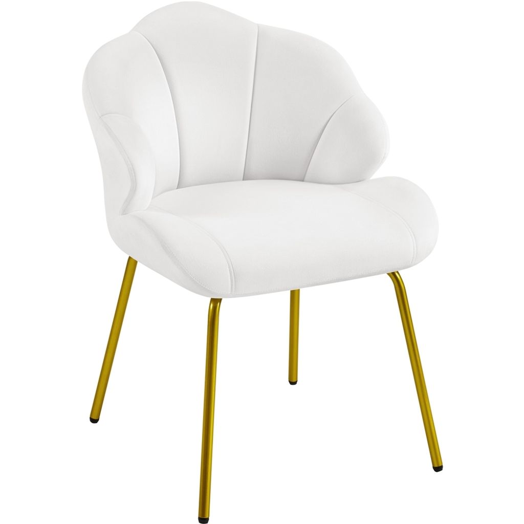 A white accent chair with gold legs is shown against a white background.