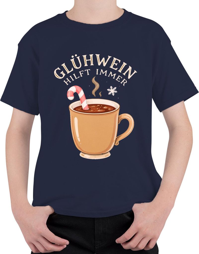 Glühwein hilft immer Weihnachtsmarkt Winter Geschenk Zuckerstange Uni Kinder T-Shirt, Navy, 104