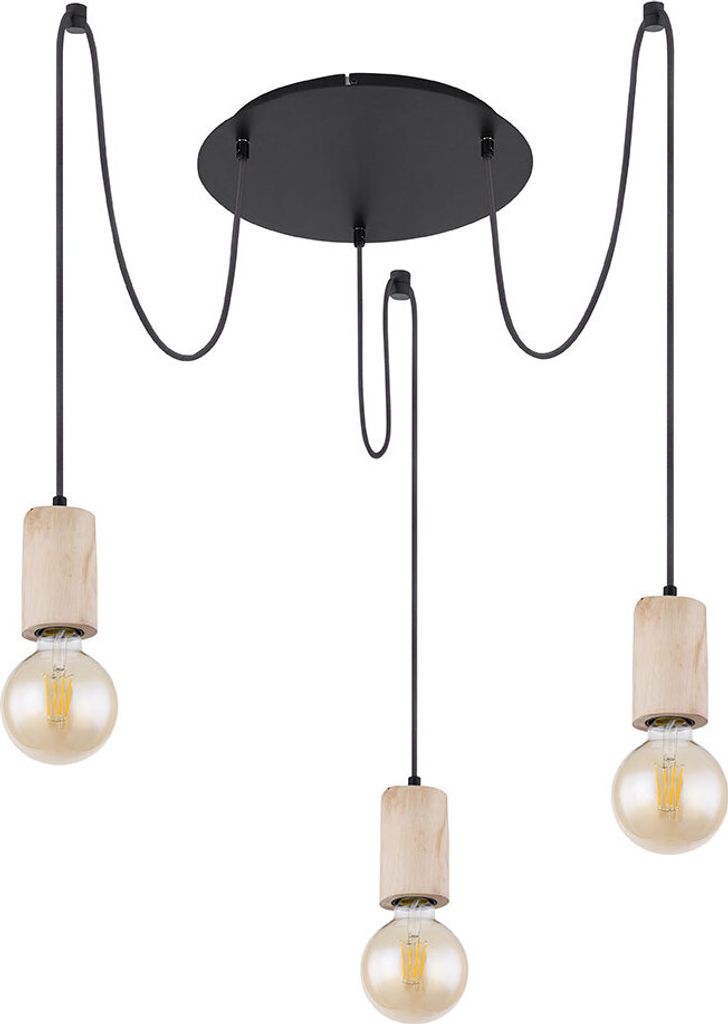Hängeleuchte, 3-flammig, Holz, natur, schwarz, H 160 cm