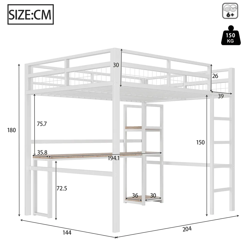 Lit mezzanine 140x200cm avec bureau en métal blanc et prises électriques