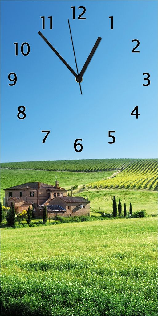 Wallario Design Wanduhr Farm in der Toskana aus Echtglas, Größe 30 x 60 cm